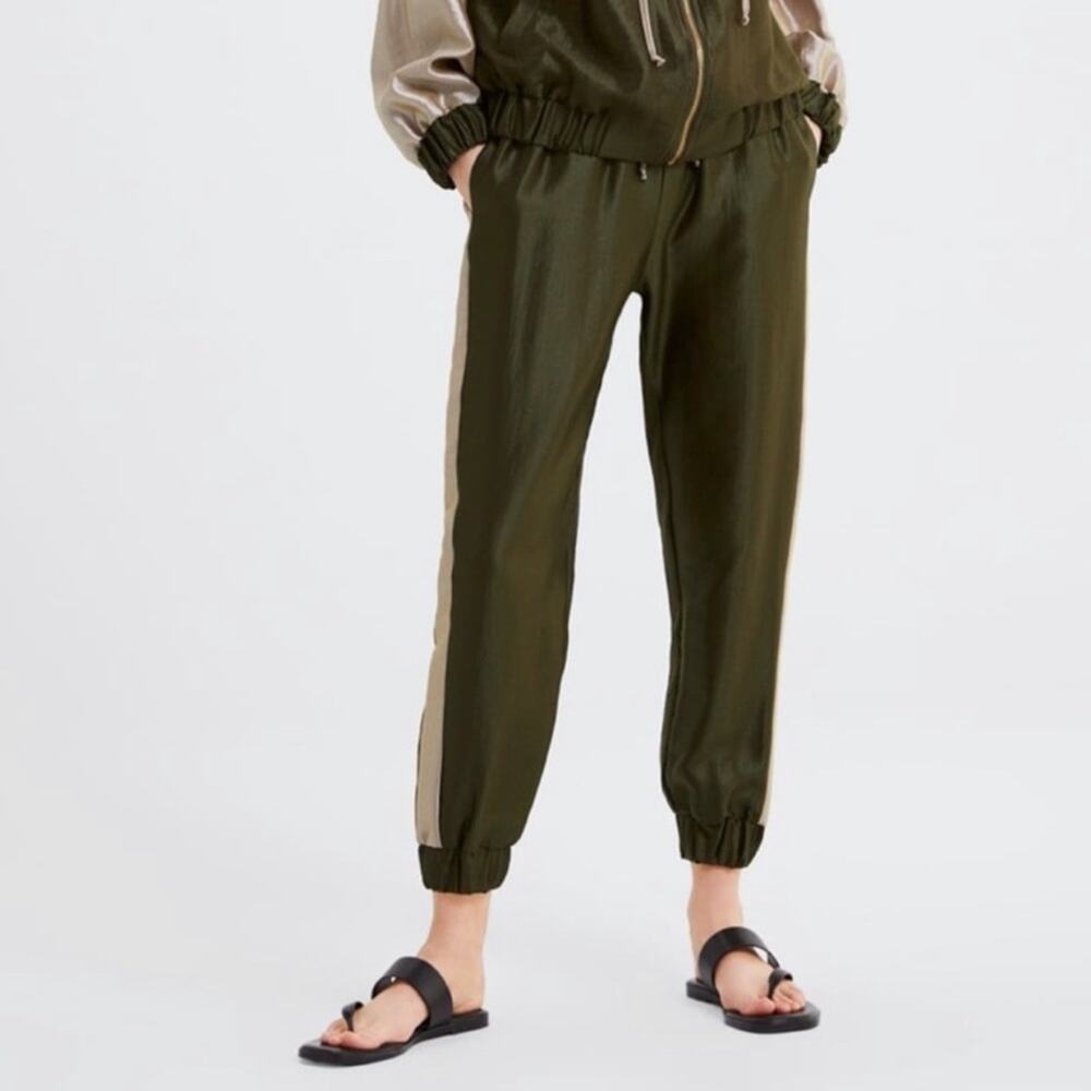 ZARA Jogger Track Pants Army Green Metallic Gold Shiny Textured Size Small NWT